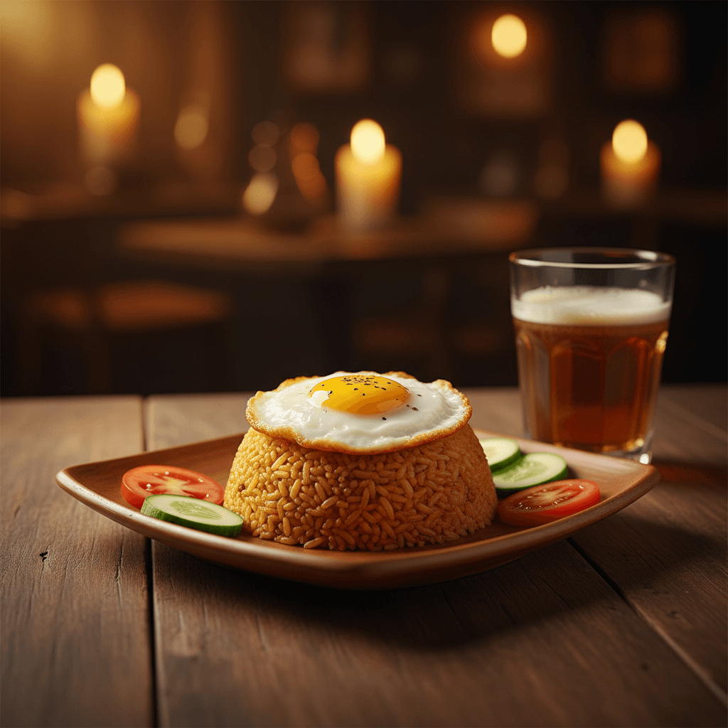 Plated nasi goreng with fresh vegetable sides