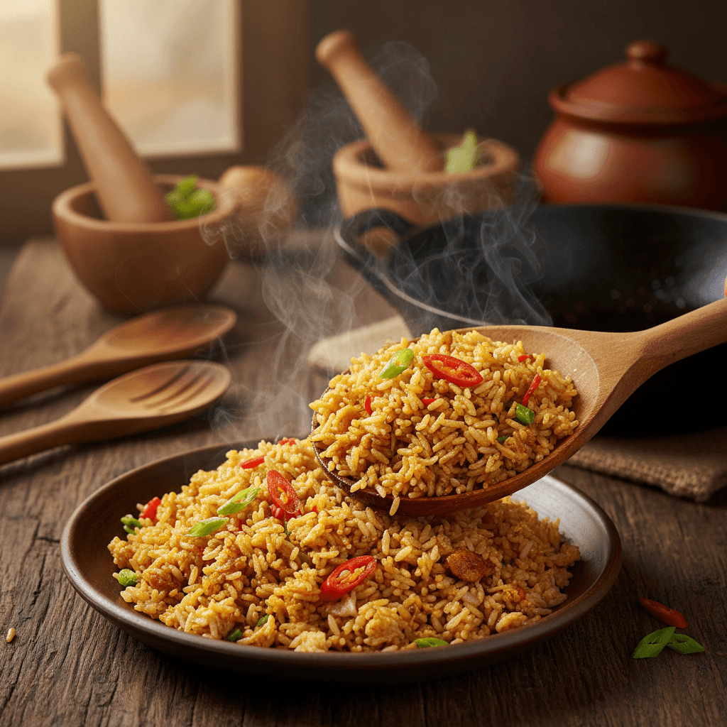 Perfectly plated nasi goreng kebuli with fresh ingredients and careful presentation