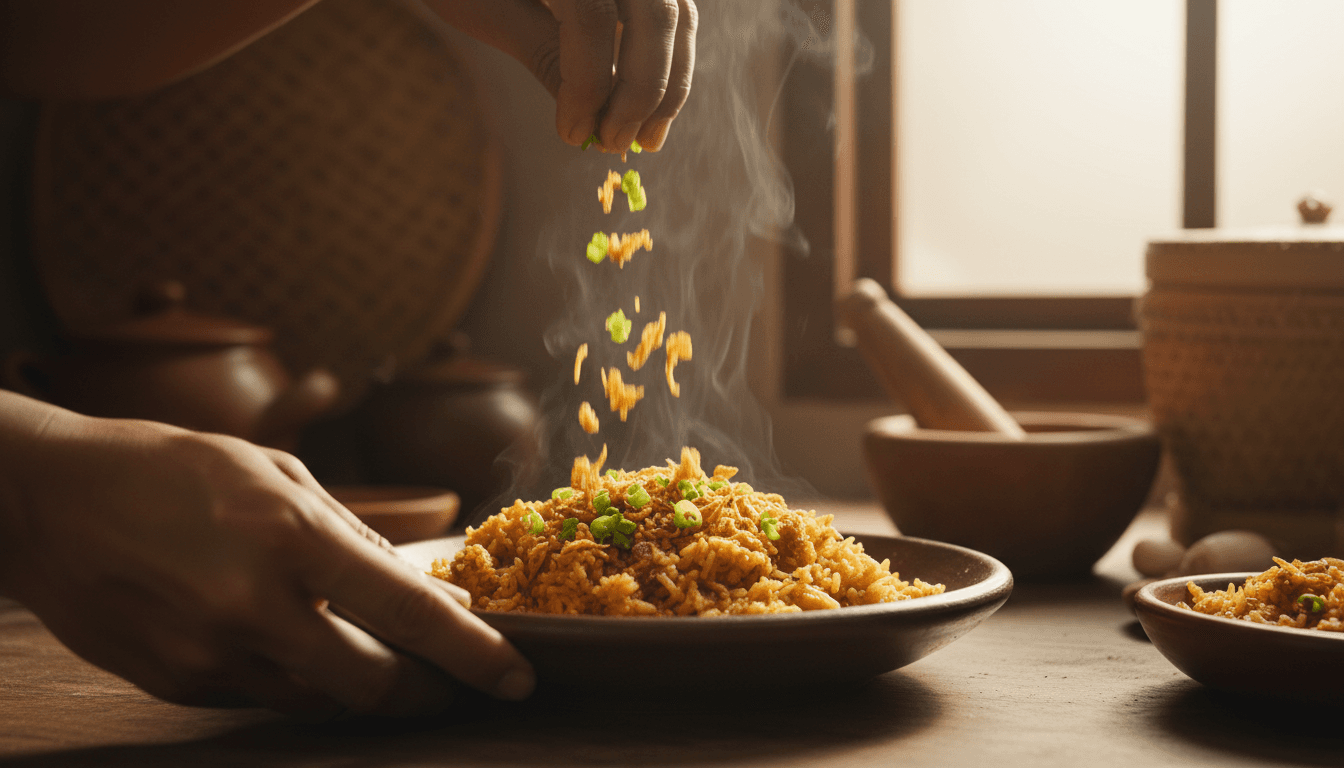 Chef carefully plating nasi goreng kebuli with fresh garnish