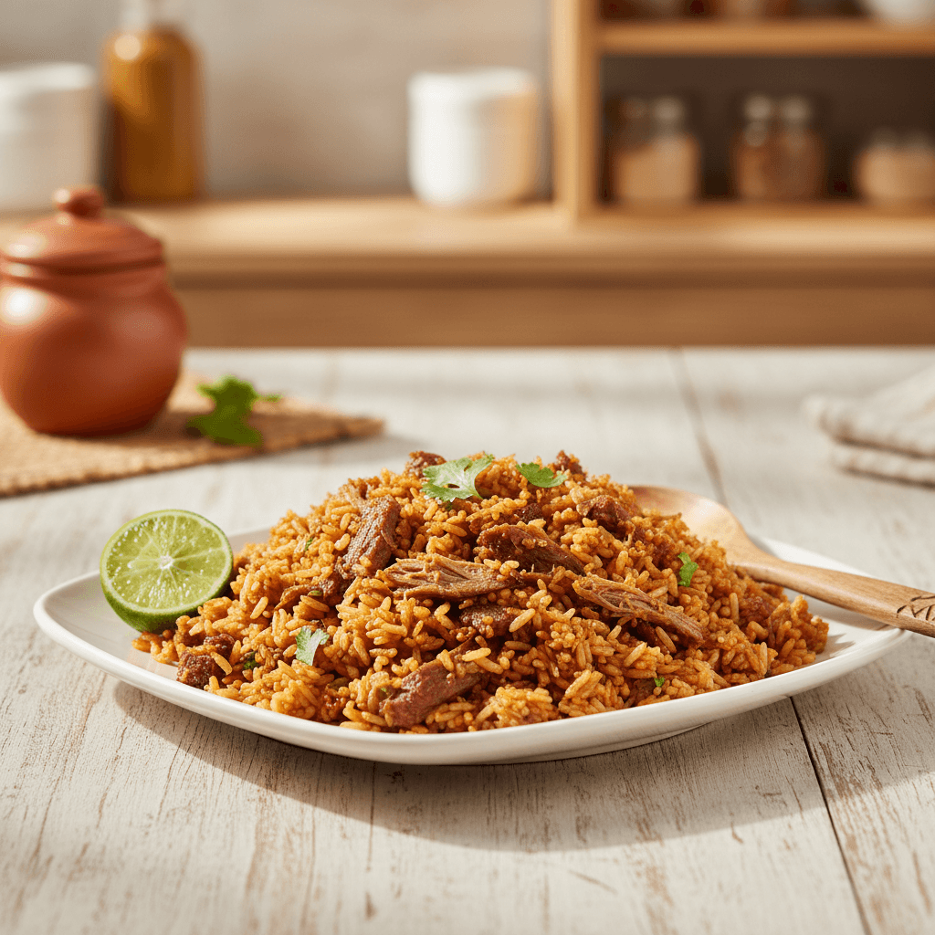 Nasi goreng kebuli with fresh garnish