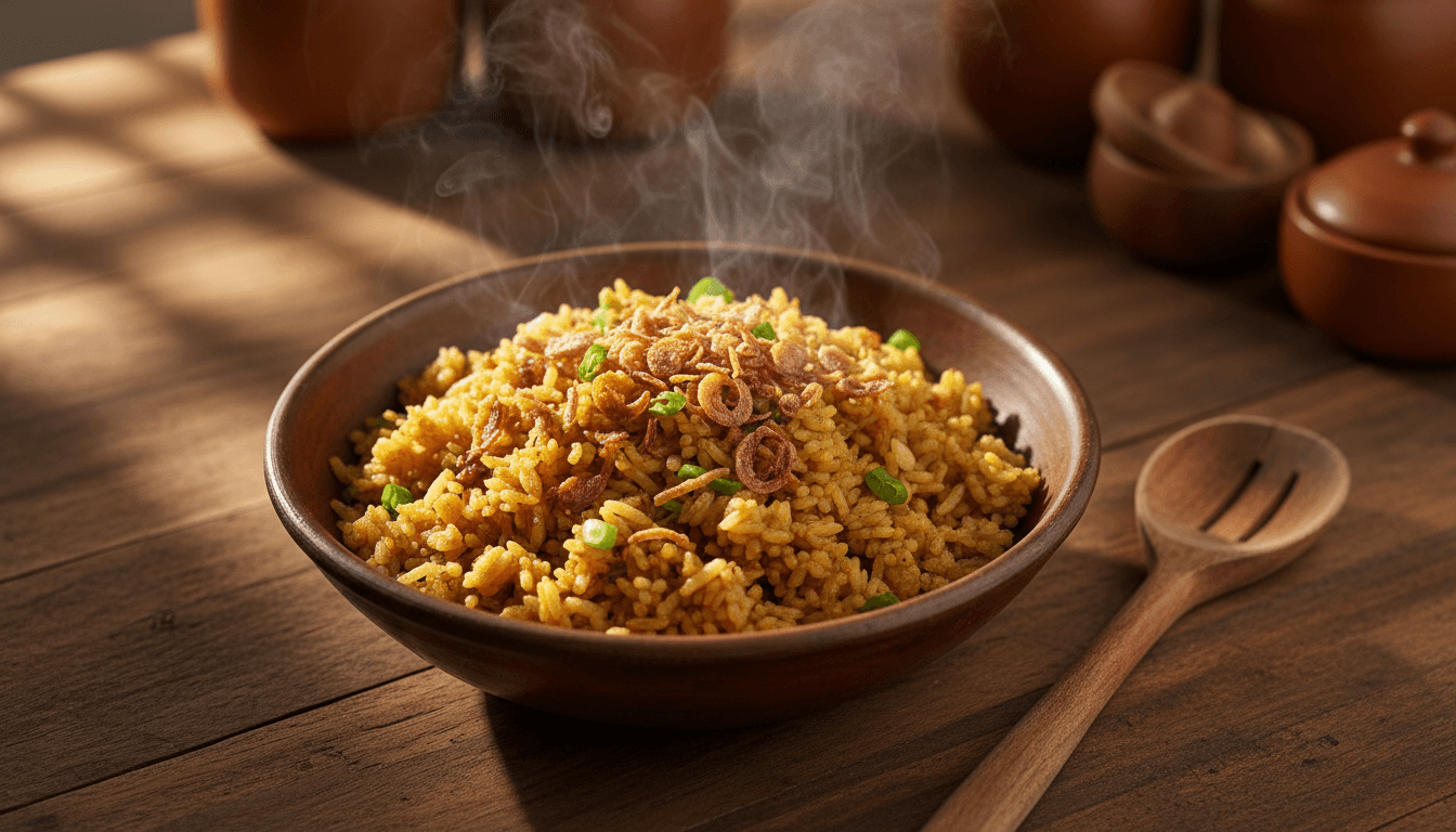 Steaming bowl of nasi goreng kebuli with traditional presentation and authentic Indonesian spices