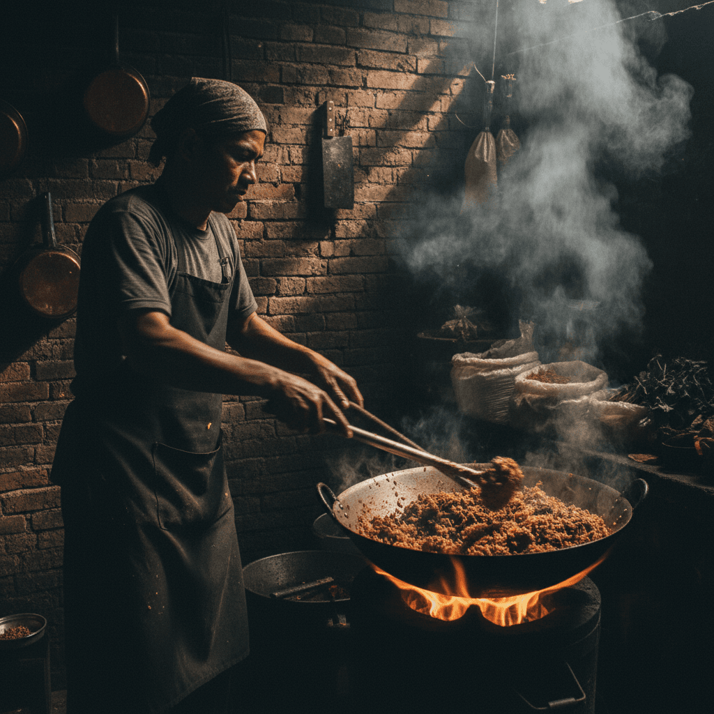Chef cooking nasi goreng kebuli fresh to order