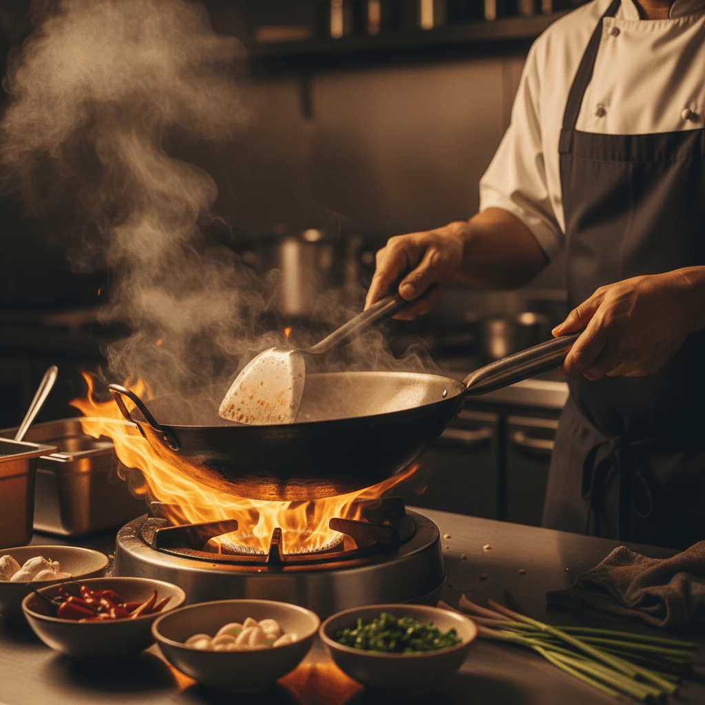 Skilled preparation of nasi goreng kebuli showing decades of culinary expertise