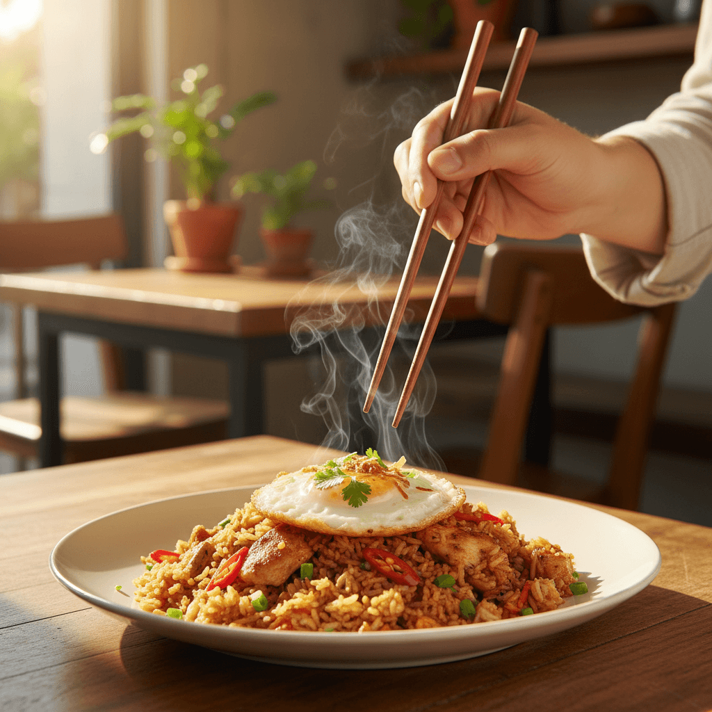 Enjoying a plate of nasi goreng kebuli