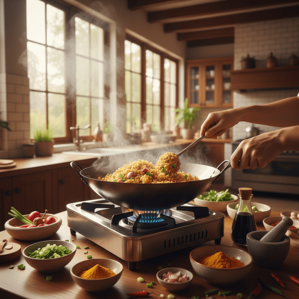 Traditional nasi goreng preparation in the kitchen