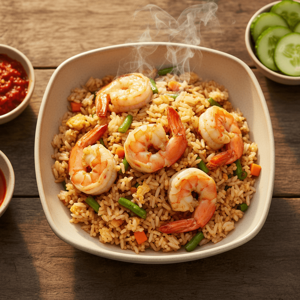 Nasi goreng with shrimp and fresh vegetables