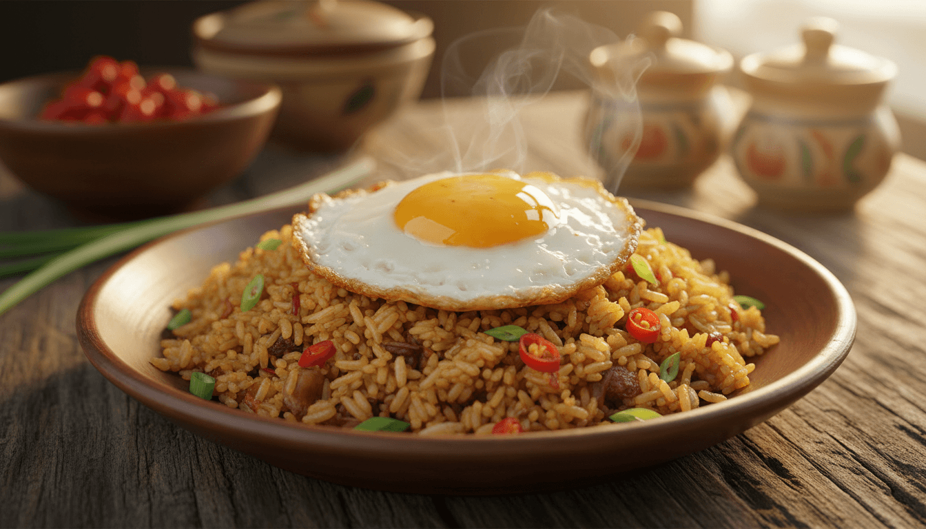 Steaming plate of golden nasi goreng with fried egg and fresh herbs at nasi goreng kebuli abah nanda